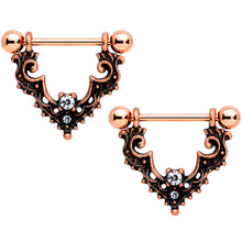 Load image into Gallery viewer, 14G 9/16 Clear Gem Rose Gold Tone Baroque Bat Nipple Shield Set

