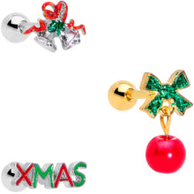 Load image into Gallery viewer, 16G 1/4 Merry Christmas Cartilage Tragus Set of 3
