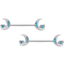 Load image into Gallery viewer, 14G 9/16 Blue CZ Gem Crescent Moon Heart Barbell Nipple Ring Set
