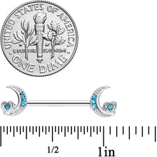 Load image into Gallery viewer, 14G 9/16 Blue CZ Gem Crescent Moon Heart Barbell Nipple Ring Set
