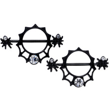 Load image into Gallery viewer, 14G 24mm Clear Gem Spider Web Halloween Nipple Shield Set
