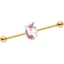 Load image into Gallery viewer, 14G Gold Tone Rainbow Unicorn Industrial Barbell 38mm
