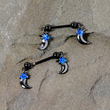 将图片加载到图库查看器，14G 9/16 Blue Gem Star Moon Dangle Nipple Ring Set
