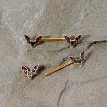Load image into Gallery viewer, 14G 9/16 Pink Gem Gold Tone Bat Halloween Barbell Nipple Ring Set
