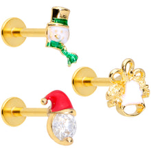 Load image into Gallery viewer, 16G 5/16 Clear Gem Gold Tone Christmas Labret Monroe Tragus Set of 3

