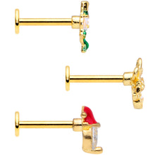 Load image into Gallery viewer, 16G 5/16 Clear Gem Gold Tone Christmas Labret Monroe Tragus Set of 3
