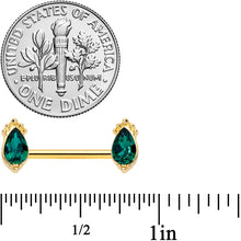 Load image into Gallery viewer, 14G 9/16 Green Gem Gold Tone Drop Barbell Nipple Ring Set

