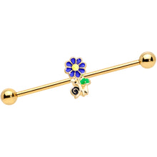 Load image into Gallery viewer, 14G Gold Tone Blue Green Snail Flower Industrial Barbell 38mm
