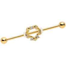 Load image into Gallery viewer, 14G Clear CZ Gem Gold Tone Ornate Heart Industrial Barbell 38mm
