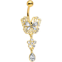 Load image into Gallery viewer, Clear Gem Gold Tone Lacy Butterfly Flower Dangle Belly Ring
