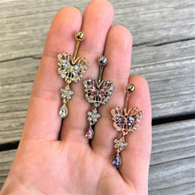 Load image into Gallery viewer, Purple Gem Rose Gold Tone Lacy Butterfly Flower Drop Dangle Belly Ring
