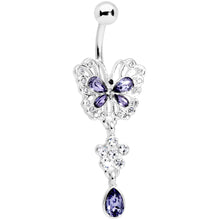 Load image into Gallery viewer, Clear Purple Gem Lacy Butterfly Flower Drop Dangle Belly Ring
