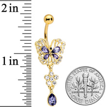 Load image into Gallery viewer, Clear Purple Gem Gold Tone Lacy Butterfly Flower Drop Dangle Belly Ring
