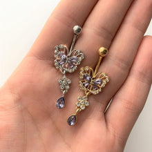 Load image into Gallery viewer, Clear Purple Gem Gold Tone Lacy Butterfly Flower Drop Dangle Belly Ring

