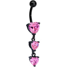 Load image into Gallery viewer, Pink CZ Gem Black Triple Heart Dangle Belly Ring
