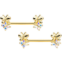 Load image into Gallery viewer, 14G 5/8 Aurora CZ Gem Gold Tone Butterfly Barbell Nipple Set
