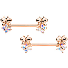 Load image into Gallery viewer, 14G 5/8 Aurora CZ Gem Rose Gold Tone Butterfly Barbell Nipple Set
