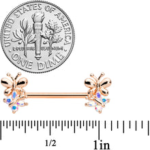 Load image into Gallery viewer, 14G 5/8 Aurora CZ Gem Rose Gold Tone Butterfly Barbell Nipple Set
