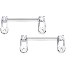 Load image into Gallery viewer, 14G 9/16 Clear CZ Gem Punk Safety Pin Barbell Nipple Ring Set
