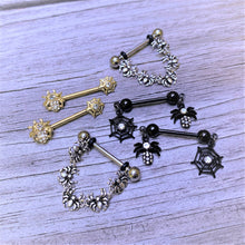 Load image into Gallery viewer, 14G 9/16 Spiders Halloween Dangle Barbell Nipple Ring Set

