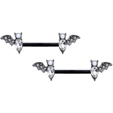 Load image into Gallery viewer, 14G 9/16 Clear Gem Black Bat Halloween Barbell Nipple Ring Set
