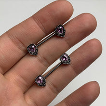 Load image into Gallery viewer, 14G 9/16 Pink Gem Regal Valentine Heart Barbell Nipple Ring Set

