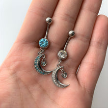 Load image into Gallery viewer, Clear CZ Gem Heart Padlock Crescent Moon Dangle Belly Ring
