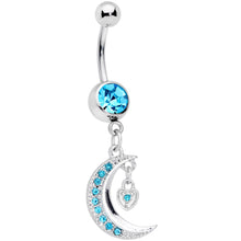 Load image into Gallery viewer, Aqua CZ Gem Heart Padlock Crescent Moon Dangle Belly Ring
