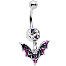 Load image into Gallery viewer, Clear Purple Gem Black Purple Bat Halloween Dangle Belly Ring
