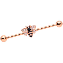 Load image into Gallery viewer, 14G Clear Black Gem Rose Gold Tone Bee Industrial Barbell 38mm
