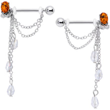 将图片加载到图库查看器，14G 9/16 Clear Orange Gem Pineapple Dangle Nipple Ring Set
