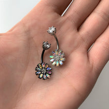 Load image into Gallery viewer, Clear Aurora CZ Gem Black Plated Flower Belly Ring
