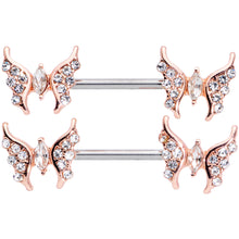 Load image into Gallery viewer, 14G Clear CZ Gem Rose Gold Hue Drama Butterfly Barbell Nipple Ring Set
