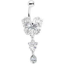 Load image into Gallery viewer, Clear Gem Lacy Butterfly Flower Drop Dangle Belly Ring
