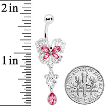 Load image into Gallery viewer, Clear Pink Gem Lacy Butterfly Flower Drop Dangle Belly Ring
