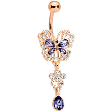Load image into Gallery viewer, Purple Gem Rose Gold Tone Lacy Butterfly Flower Drop Dangle Belly Ring
