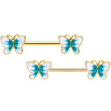 Load image into Gallery viewer, 14G 9/16 Gold Tone White Green Butterfly Barbell Nipple Set
