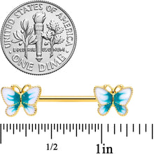 Load image into Gallery viewer, 14G 9/16 Gold Tone White Green Butterfly Barbell Nipple Set
