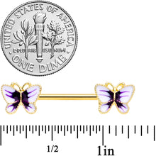 Load image into Gallery viewer, 14G 9/16 Gold Tone White Purple Butterfly Barbell Nipple Set
