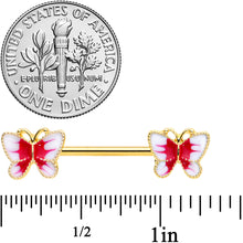 Load image into Gallery viewer, 14G 9/16 Gold Tone White Red Butterfly Barbell Nipple Set

