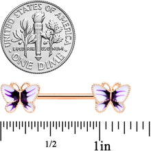 Load image into Gallery viewer, 14G 9/16 Rose Gold Tone White Purple Butterfly Barbell Nipple Set
