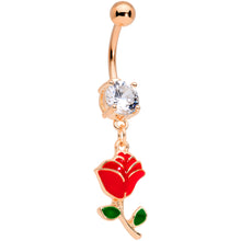 Load image into Gallery viewer, Clear Gem Rose Gold Tone Valentines Day Red Rose Dangle Belly Ring
