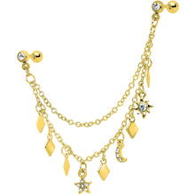 Load image into Gallery viewer, 16G 1/4 Gold Tone Moon Sun Dangle Cartilage Chain Earring
