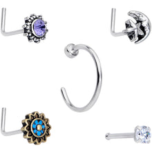 将图片加载到图库查看器，20G Clear CZ Gem Sun Moon Assorted L Shaped Nose Ring Set of 6
