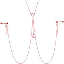 将图片加载到图库查看器，14G 5/8 Clear Gem Rose Gold Hue Star Moon Nipple Chain Necklace
