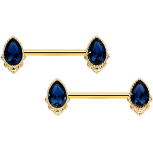 Load image into Gallery viewer, 14G 9/16 Blue Gem Gold Tone Noble Drop Barbell Nipple Ring Set

