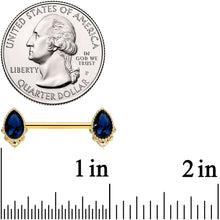 Load image into Gallery viewer, 14G 9/16 Blue Gem Gold Tone Noble Drop Barbell Nipple Ring Set
