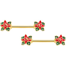 Load image into Gallery viewer, 14G 9/16 Gold Tone Poinsettia Christmas Barbell Nipple Ring Set
