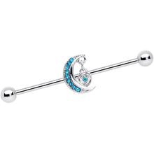 Load image into Gallery viewer, 14G Aqua CZ Gem Heart Padlock Moon Dangle Industrial Barbell 38mm
