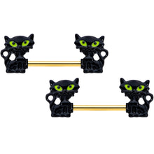 Load image into Gallery viewer, 14G 9/16 Gold Tone Black Cat Halloween Barbell Nipple Ring Set

